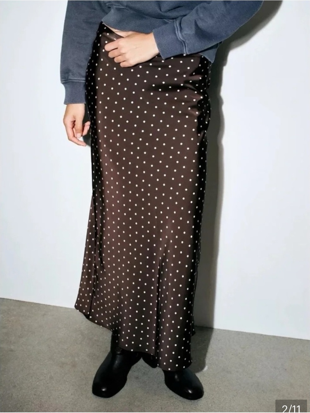 Zara Brown Satin Maxi Skirt with White Polka Dots